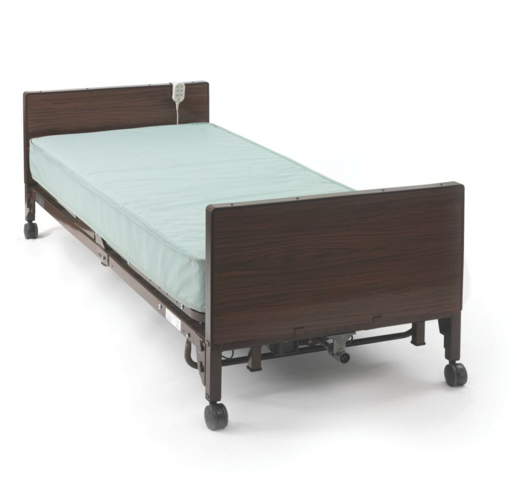 Homecare hospital bed with wood head and foot boards.