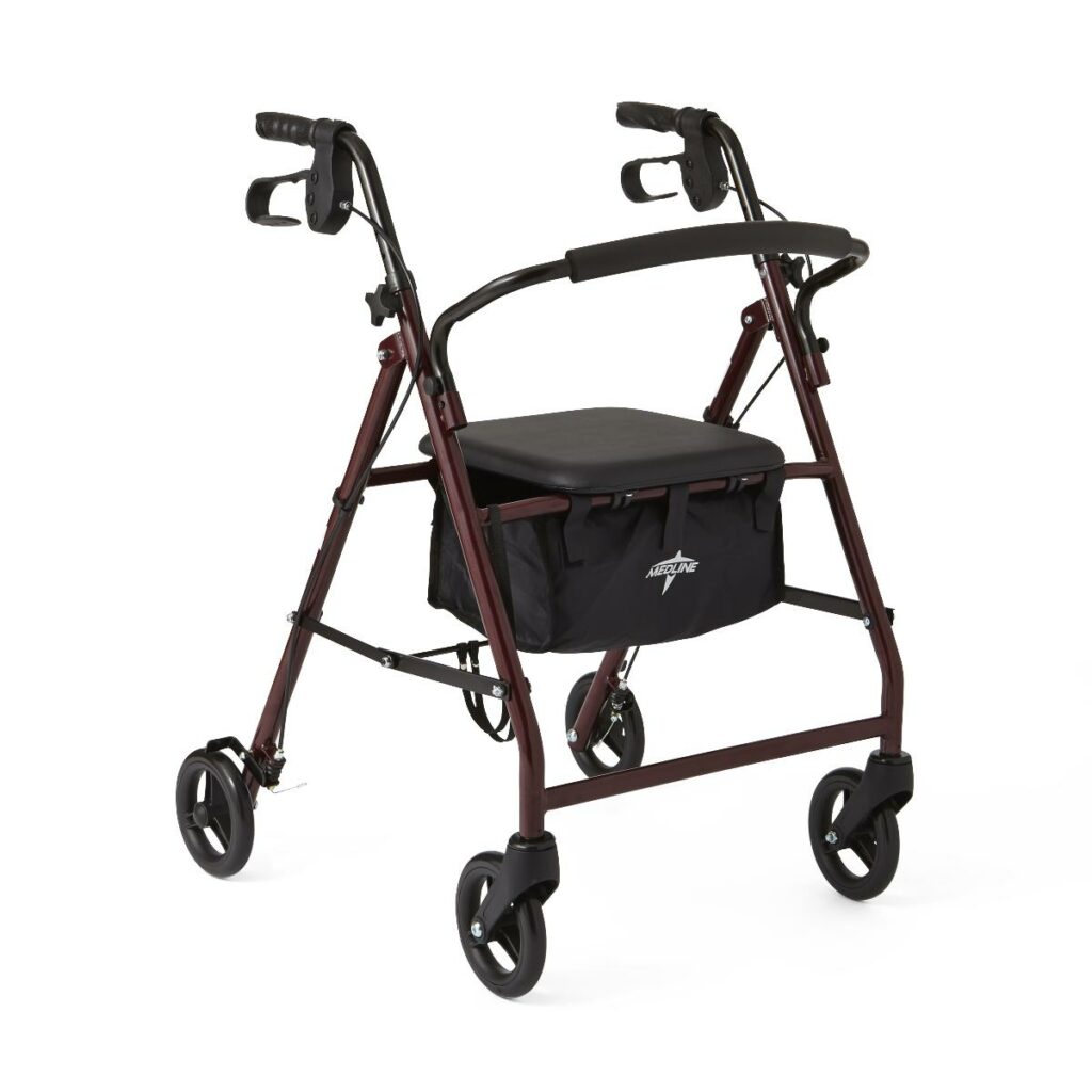 Image of a four-wheeled red rollator with seat and handbrakes.
