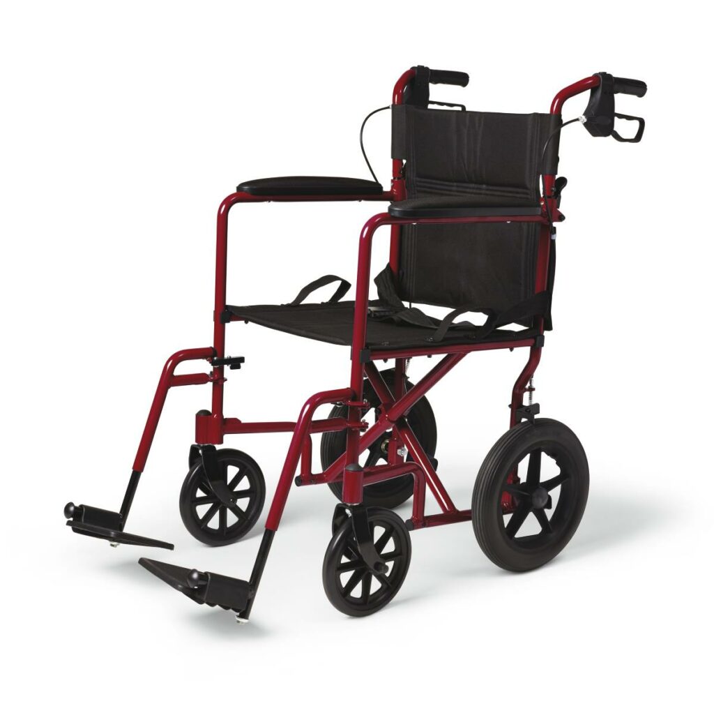 Image of a red transport wheelchair with handbrakes.